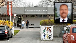 Der Tatort: die Volksschule der Stadt Wien. Hier wurde Familienvater Harald S. (kl. Bild) mit unzähligen Messerstichen getötet. (Bild: zVg, Stefan Steinkogler, Krone KREATIV)