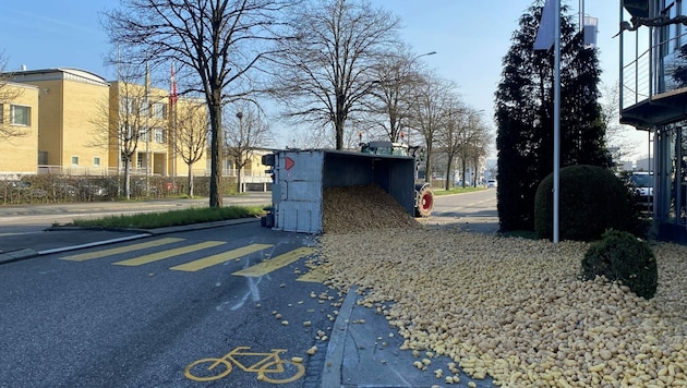 Eine schöne Bescherung: Tausende Erdäpfel lagen plötzlich aurf der Straße. (Bild: KAPO Thurgau)