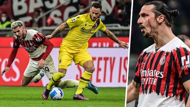 Theo Hernandez, Marko Arnautovic und Zlatan Ibhrahimovic (von li. nach re.) (Bild: APA/AFP/MIGUEL MEDINA)