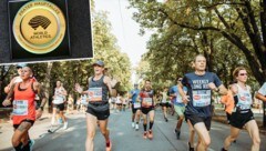 Die Prater Hauptallee, ein Herzstück des Vienna City Marathons, wurde ins Welterbe der Leichtathletik aufgenommen. Die World Athletics Heritage Plaque für die Prater Hauptallee (kleines Bild). (Bild: VCM / Jenia Symonds, WA Heritage)