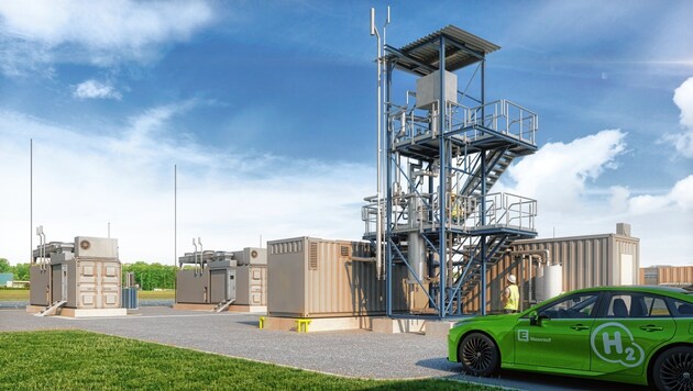 Auf 10.000 Quadratmetern wird in Gabersdorf eine Anlage zur Gewinnung von „grünem“ Wasserstoff gebaut. (Bild: Energie Steiermark/Rendering)