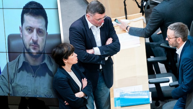 Der ukrainische Präsident Wolodymyr Selenskyj sprach via Video bereits im deutschen Bundestag - in Österreich herrscht bislang Skepsis. (Bild: APA/dpa/Michael Kappeler, APA/GEORG HOCHMUTH, Krone KREATIV)