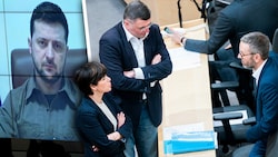 Der ukrainische Präsident Wolodymyr Selenskyj sprach via Video bereits im deutschen Bundestag - in Österreich herrscht bislang Skepsis. (Bild: APA/dpa/Michael Kappeler, APA/GEORG HOCHMUTH, Krone KREATIV)