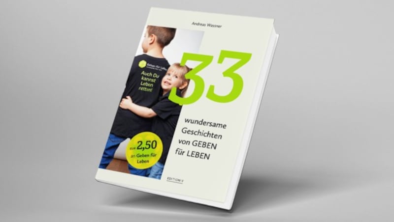 2,50 Euro pro verkauftem Buch gehen an den Verein, um Leben zu retten. (Bild: Verlag edition V / Verein Geben für Leben, adobe.stock, Krone KREATIV)