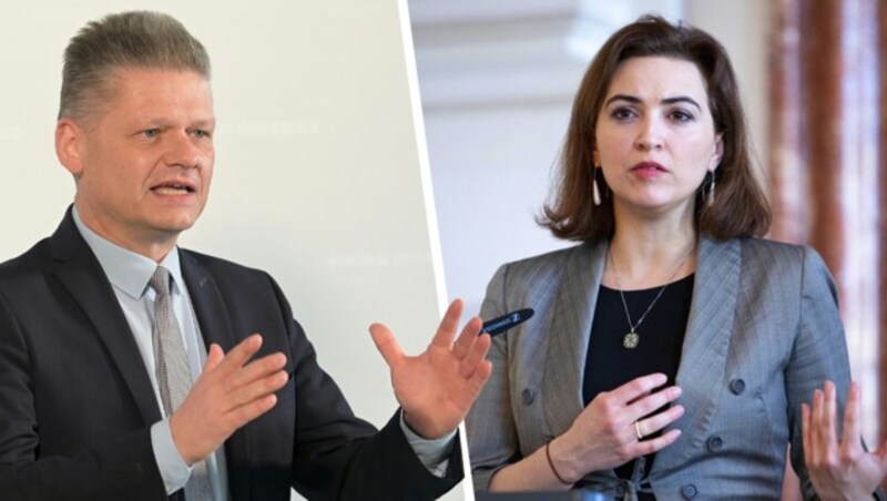 Sind sich uneins: ÖVP-Fraktionsführer Andreas Hanger und Justizministerin Alma Zadić (Grüne) (Bild: APA/TOBIAS STEINMAURER, APA/HELMUT FOHRINGER, Krone KREATIV)