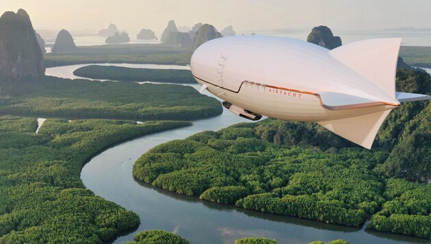 Ein 200-Meter-Zeppelin bringt die Airyacht in der Luft zur Zieldestination und setzt sie dort auf Gewässern oder an Land ab, so der Plan der Ingenieure Guillaume Hoddé und Matthieu Ozanne. (Bild: airyacht.ch)