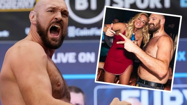 Tyson Fury links vor dem Kampf bei der Promo, rechts mit Frau Paris (Bild: AP, Instagram.com/parisfury1)