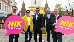 Pinkes Team: Peter Hauswirth, Landessprecherin Indra Collini, Dominic Heinz, Robert Simlinger und Adi Krumbholz (v. li.). (Bild: Neos)