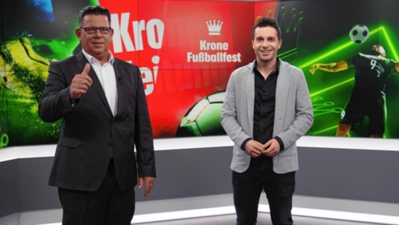 Peter Frauneder im krone.tv-Studio mit Online-Sportchef Michael Fally (Bild: Mario Urbantschitsch)