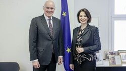 Europaministerin Karoline Edtstadler (ÖVP) mit EU-Botschafter Joao Vale de Almeida (Bild: APA/BKA/HANS HOFER)