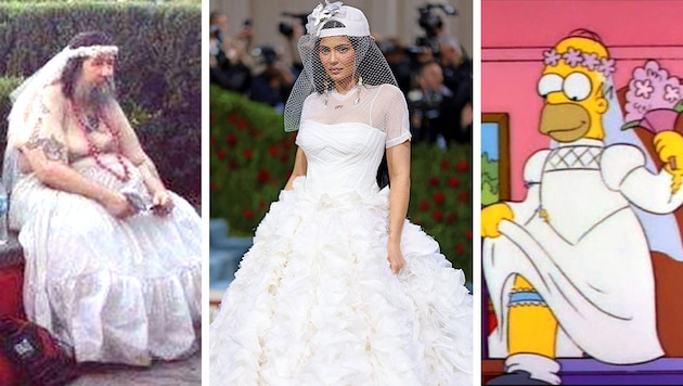 Kylie Jenners Braut-Look wird auf Twitter auf die Schaufel genommen. (Bild: Krone KREATIV; APA, Twitter)