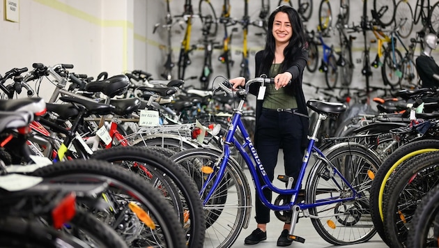 Fundbüro-Mitarbeiterin Sandra mit den Bikes, die am 13. Mai verkauft werden. (Bild: Alexander Schwarzl)