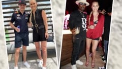 Lindsey Vonn links beim Grand Prix mit Max Verstappen, rechts beim „Carbone Beach“ mit Jamie Foxx (Bild: Instagram.com/lindseyvonn, APA/Getty Images via AFP/GETTY IMAGES/Romain Maurice)