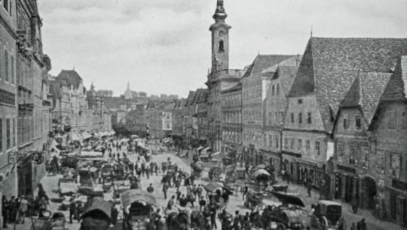 Ein Bild aus einem der gesammelten Antiquariate zeigt den Stadtplatz der Eisenstadt an einem Wochenmarkt-Tag. (Bild: Alexander Schwarzl)