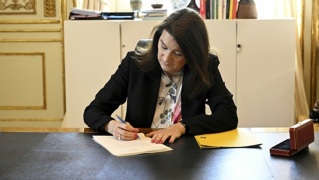 Schwedens Außenministerin Ann Linde beim Unterzeichnen des NATO-Mitgliedsantrags (Bild: AFP/TT News Agency/Henrik Montgomery)