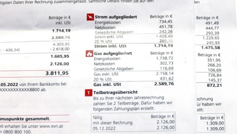 Der Gas-Verbrauch stieg nur leicht, der Preis dafür enorm: Von 872,21 Euro im Vorjahr zu 2589,76 Euro mit der heurigen Rechnung bei Familie N. Auch Familie B. hat wegen eines flexiblen Tarifs eine saftige Strom-Nachzahlung mit der Jahresabrechnung erhalten. (Bild: Reinhard HOLL)