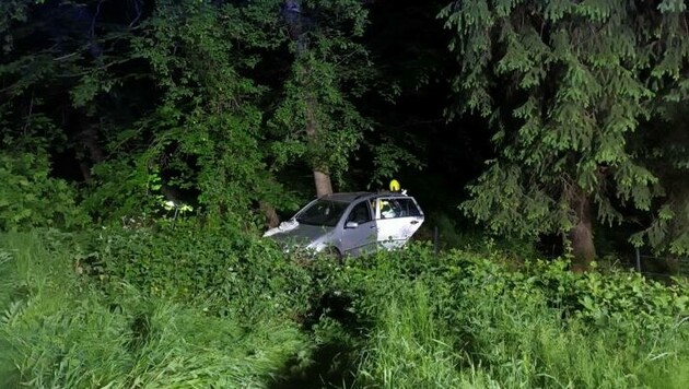 Das Unfallauto stürzte über eine Böschung ab und landete nach einem Überschlag im Wald. (Bild: BFV Deutschlandsberg)