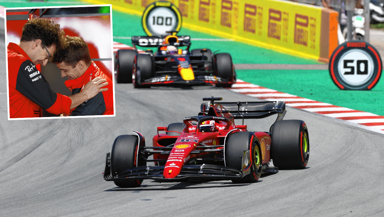 Teamchef Mattia Binotto (o. li.) spricht Ferrari-Piloten Charles Leclerc Mut zu. Erstmals versagte heuer der Motor, vor Monaco soll das Problem gefunden werden. (Bild: REUTERS/NACHO DOCE)