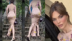 Kendall Jenner quält sich im knallengen Kleid eine italienische Steintreppe rauf. (Bild: www.instagram.com/kyliejenner, Krone KREATIV)