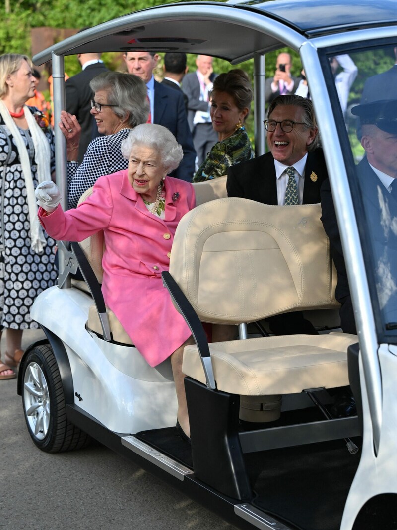 Keith Weed, der Präsident der Royal Horticultural Society, begleitet die Queen auf ihrer Tour durch die Chelsea Flower Show (Bild: APA/Photo by PAUL GROVER/AFP)