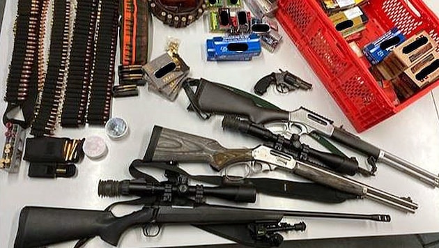 Die sichergestellten Waffen - auch 1600 Schuss Munition hatte der Verdächtige gebunkert. (Bild: LPD Wien)