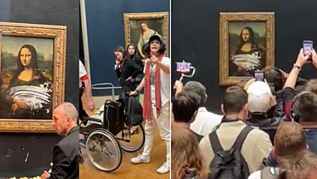 Der Täter verschaffte sich im Rollstuhl Zugang zum Kunstwerk und warf anschließend die Torte auf die Mona Lisa. (Bild: twitter.com)