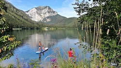 Baden am Vorderen Langbathsee vor herrlicher Gebirgskulisse in Oberösterreich (Bild: Marion Hörmandinger)