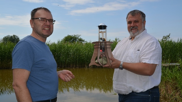 Der Leiter der Biologischen Station Thomas Zechmeister (links) mit Ronald Thenius und dem Prototypen eines Roboters, der bereits teilweise aus Holz und Stein gebaut ist. (Bild: Charlotte Titz)