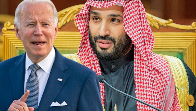 Saudi-Kronprinz Mohammed bin Salman wird US-Präsident Joe Biden in Riad empfangen. (Bild: AP, Krone KREATIV)