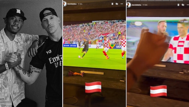 David Alaba ganz links mit Raf Camora, Mitte und rechts: Screenshots seiner Storys (Bild: Instagram.com/RAF Camora, Instagram.com/davidalaba)