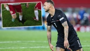 Marko Arnautovic (re.) und das „Schwarze Loch“ vom Happel-Oval – ein Fußball-Hoppala, das wohl lange in Erinnerung bleibt. (Bild: GEPA, twitter.com/EckiFee)