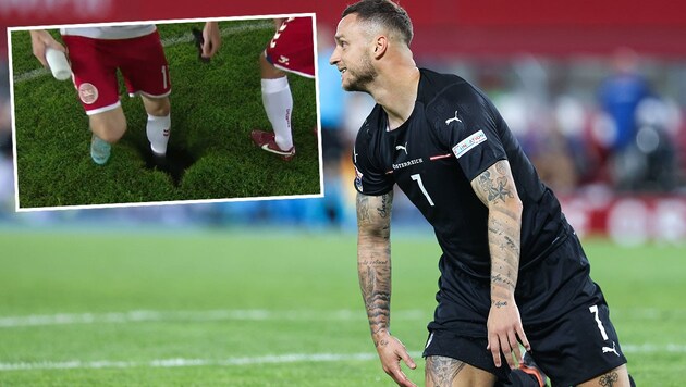 Marko Arnautovic (re.) und das „Schwarze Loch“ vom Happel-Oval (Bild: GEPA, twitter.com/EckiFee)