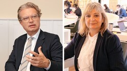 Der designierte ÖVP-Landeshauptmann Christopher Drexler und KPÖ-Klubobfrau Claudia Klimt-Weithaler (Bild: Krone KREATIV,Christian Jauschowetz)