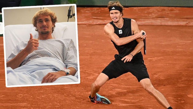 Alexanderf Zverev war bei den French Open gegen Rafael Nadal böse umgeknickt, hatte sich drei Bänder im rechten Sprunggelenk gerissen und musste operiert werden. (Bild: AFP, instagram, krone.at-grafik)