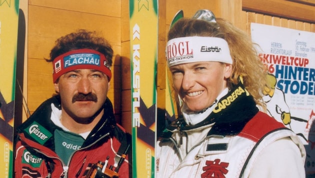 Die Leogangerin Elfi Eder (mit Trainer Trinkl) fuhr 1998/99 für den Karibik-Inselstaat Grenada im Ski-Weltcup. (Bild: Helmut Erhardt)