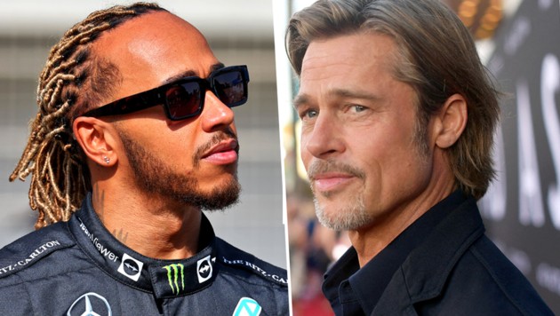 Formel-1-Star Lewis Hamilton (li) und Hollywood-Star Brad Pitt (re.) machen gemeinsame Sache! (Bild: GEPA, 2019 Getty Images)