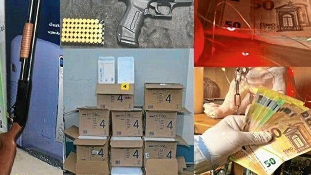 Sichergestelltes Drogengeld, Waffen und Verpackungsmaterial (Bild: BMI)