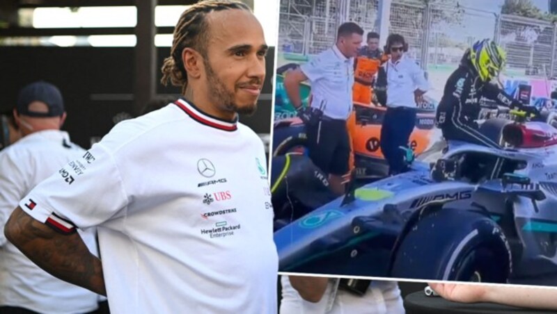 Schmerzen bei Lewis Hamilton nach dem Großen Preis von Aserbaidschan. (Bild: APA/AFP/NATALIA KOLESNIKOVA, ServusTV (Screenshot))