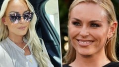 Lindsey Vonn: rechts bei der Premiere von „Jurassic World Dominion“ in Los Angeles, rechts bei ihrer Abreise in die Schweiz (Bild: Chris Pizzello/Invision/AP, Instagram.com/lindseyvonn)