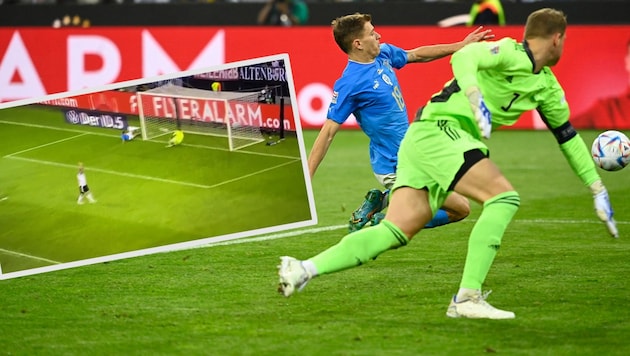 Die Szene, die das Netz verzückt: Manuel Neuer entschärft einen scheinbar unhaltbaren Ball von Italiens Nicolo Barella. (Bild: APA/AFP/Ina Fassbender, Twitter.com/𝙻𝚎𝚘 𝙰𝚜𝚌𝚑𝚒)