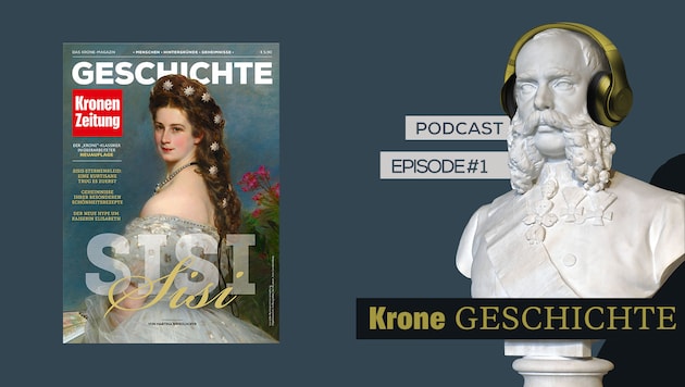 Die Krone legt ihren vergriffenen Klassiker „Sisi“ neu auf und startet mit dem Leben der Kaiserin eine neue Podcast-Reihe den „Krone-Geschichte-Podcast“. (Bild: Krone Grafik)