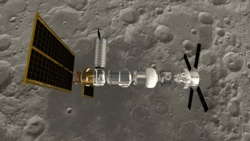 Die geplante „Gateway“-Raumstation soll den Mond umkreisen, jedoch nicht durchgehend besetzt sein. (Bild: ESA/NASA/ATG Medialab)