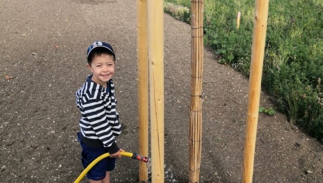 Der kleine Elias hilft seinem Papa fleißig beim Gießen der neu gesetzten Bäume. Bei so viel Liebe müssen sie einfach wachsen! (Bild: Gemeinde Frauenkirchen)