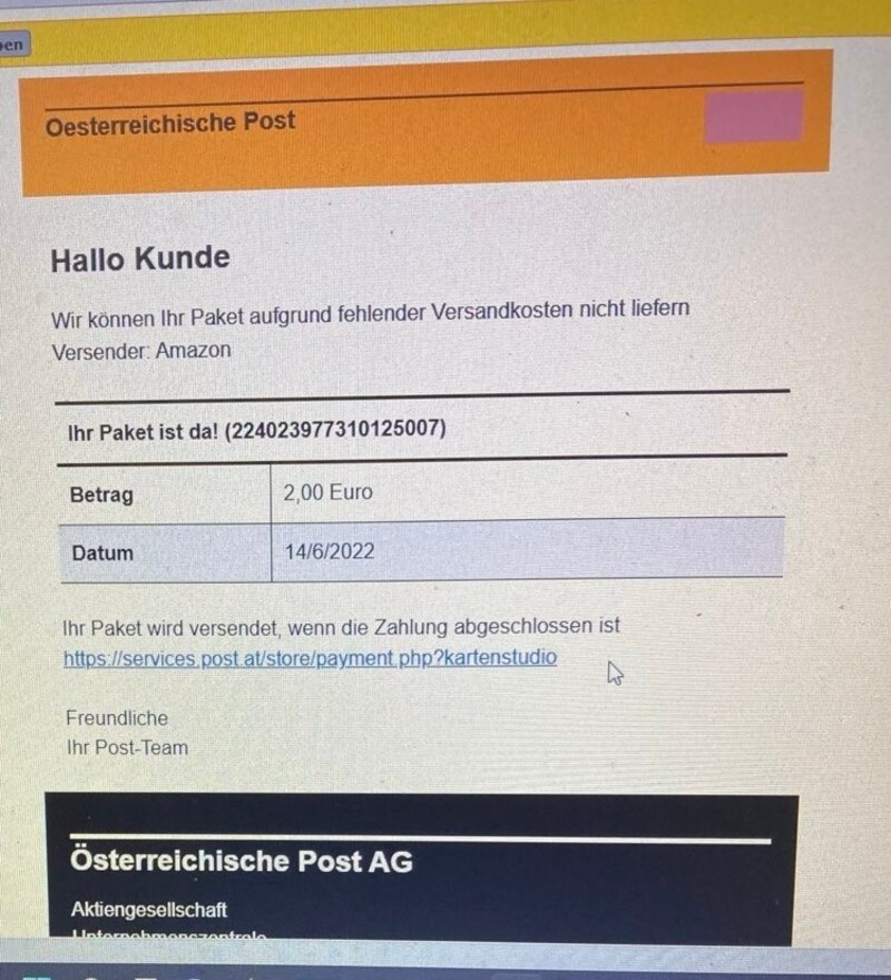 Die Post warnt vor der Phishing-Kampagne und hat eine der gefälschten Nachrichten auf ihrer Website veröffentlicht. (Bild: post.at)