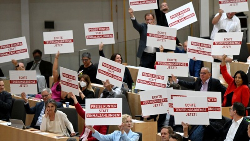 Mit Schildern machte die rote Opposition bei der Nationalratssitzung einmal mehr auf ihre Anliegen aufmerksam. (Bild: APA/ROLAND SCHLAGER)