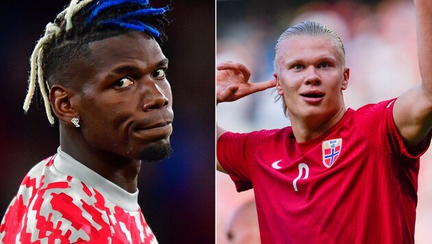 Paul Pogba (li.), Erling Haaland (Bild: AP, AFP)