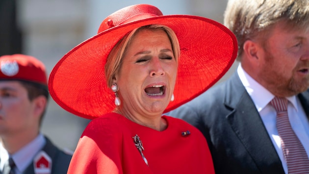 Königin Maxima amüsiert sich beim Besuch in der Hofburg ganz prächtig. (Bild: APA/Photo by JOE KLAMAR/AFP)