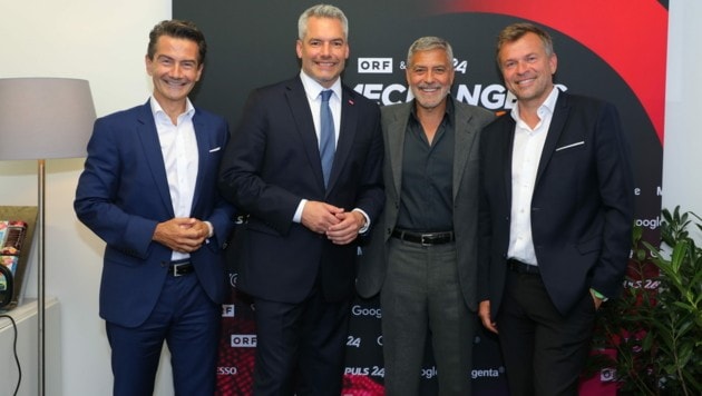 Clooney se reunió con el canciller Nehammer, el general Weissmann de la ORF y el jefe de Puls 4, Breitenecker.  (Imagen: Monika FELLNER/4GAMECHANGERS/Cancillería Federal)