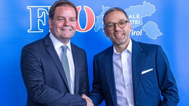 Tirols FPÖ-Landesparteichef Markus Abwerzger und Bundesparteiobmann Herbert Kickl (Bild: APA/EXPA/JOHANN GRODER)