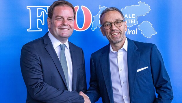 Tirols FPÖ-Landesparteichef Markus Abwerzger und Bundesparteiobmann Herbert Kickl (Bild: APA/EXPA/JOHANN GRODER)